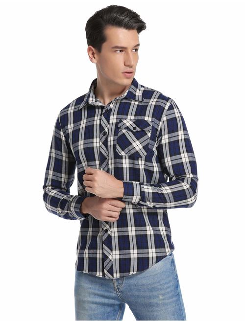 Aibrou Men's Casual Long Sleeve Plaid Flannel Shirt Button Front with Chest Flap Pocket