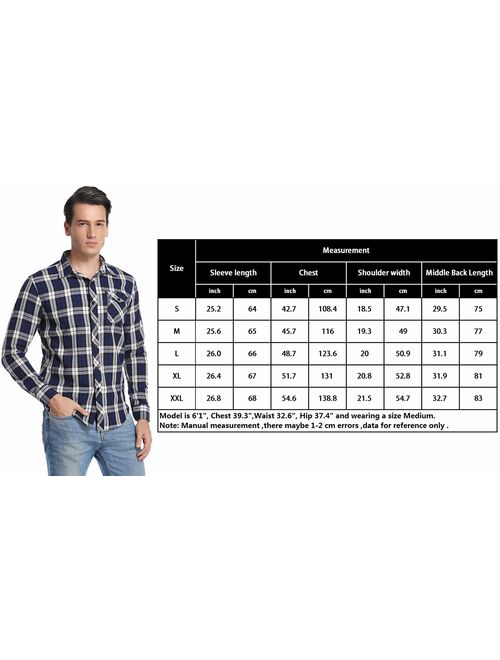 Aibrou Men's Casual Long Sleeve Plaid Flannel Shirt Button Front with Chest Flap Pocket
