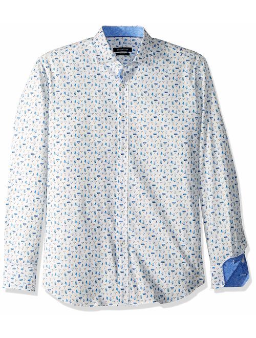 Bugatchi Men's Fitted Long Sleeve Faces Printed Cotton Woven Shirt