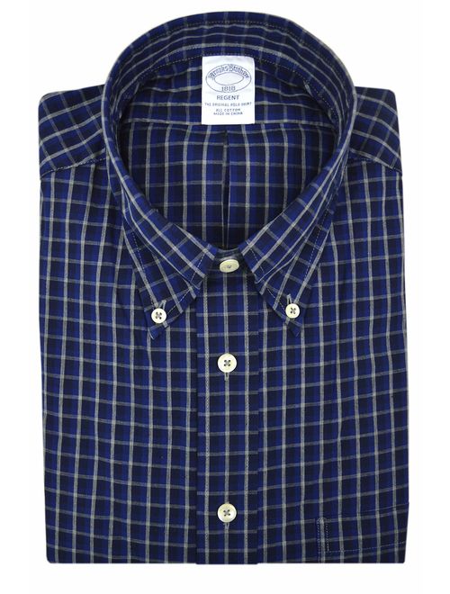 Brooks Brothers Mens 92457 Regent Fit All Cotton The Original Polo Button Down Shirt Navy Blue Gray Plaid