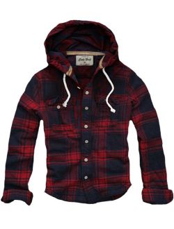 CALI HOLI Mens Muscle Fit Hooded Checked Flannel Hoodie Shirt Red Navy XXL (US Large)
