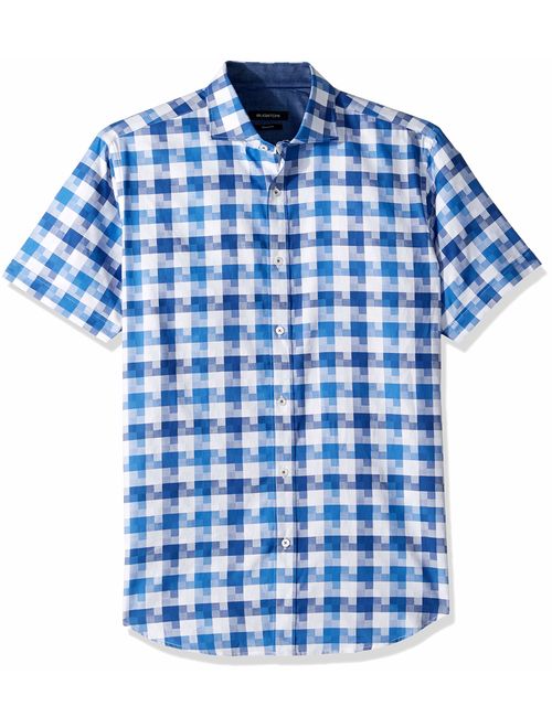 BUGATCHI Men's Short Sleeve Fitted Tetris Motif Spread Collar Shirt