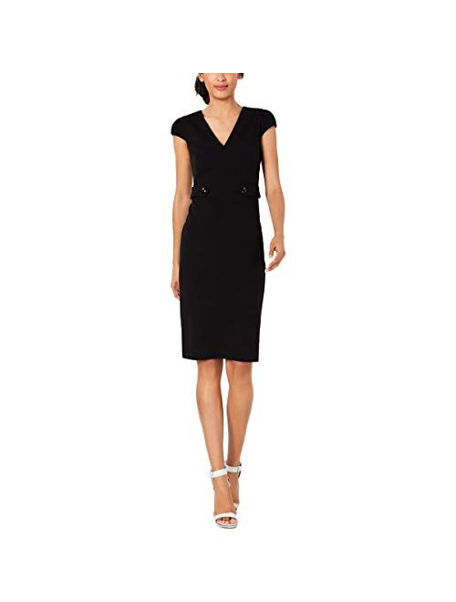 Calvin Klein Women's V-Neck Sheath with Ruched Cap Sleeve Dress