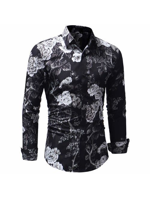 Men's Floral Shirts Long Sleeve Casual Slim Fit Button Down Shirts