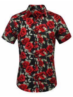 Men's Rose Floral Print Shirt Luxury Casual Cotton Button Down Shirt