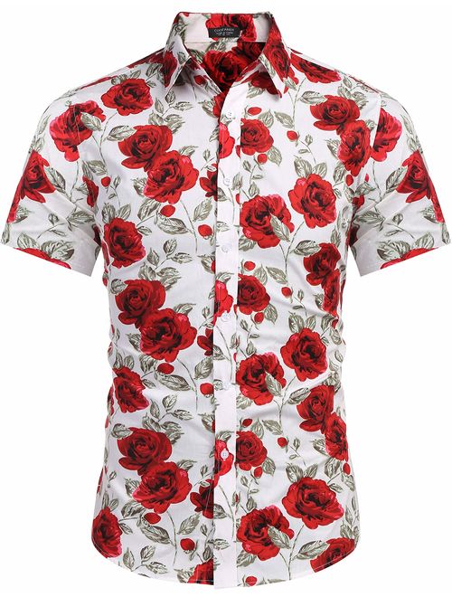 COOFANDY Men's Rose Floral Print Shirt Luxury Casual Cotton Button Down Shirt