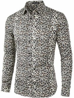 Lars Amadeus Men Vintage Leopard Print Button Down Long Sleeve Cotton Casual Shirt