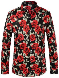 SSLR Men's Rose-Printed Button Down Casual Long Sleeve Shirt