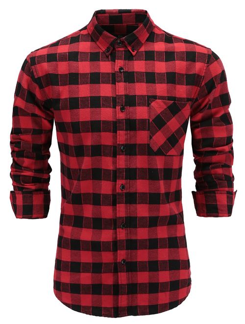 Emiqude Men's Flannel 100% Cotton Slim Fit Long Sleeve Button-Down Plaid Dress Shirt