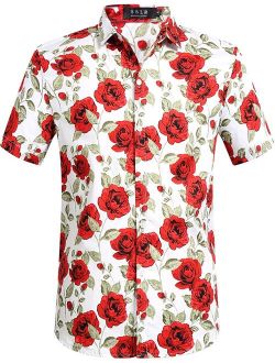 SSLR Men's Rose Printed Button Down Short Sleeve Shirt