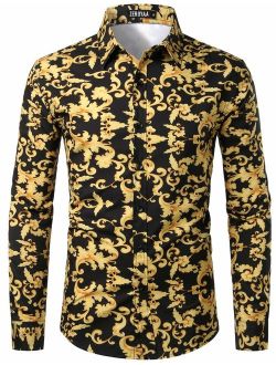Men's Fashion Urban Design Luxury Printed Slim Fit Long Sleeve Button Up Dress Shirts