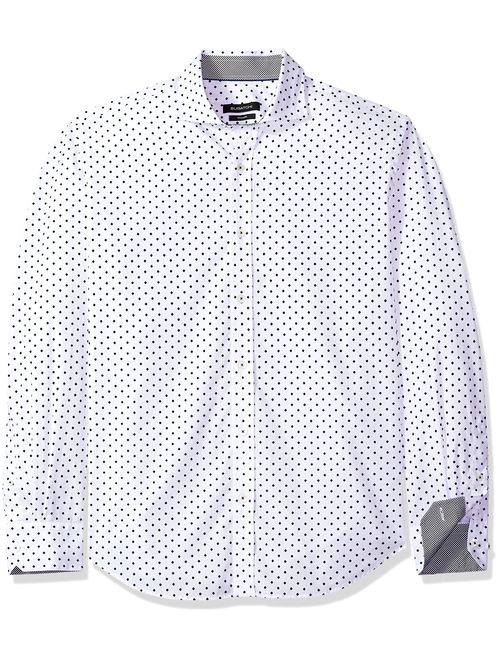 Bugatchi Men's Fitted White Diamond Print Long Sleeve Point Collar Shirt