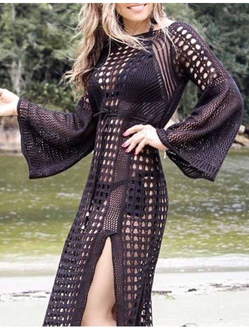 Bikini Dress Black Crochet Lantern Sleeve Women Sexy Long Beach Wears Swimsuit Cover ups for Women (one Size, 9991-1)