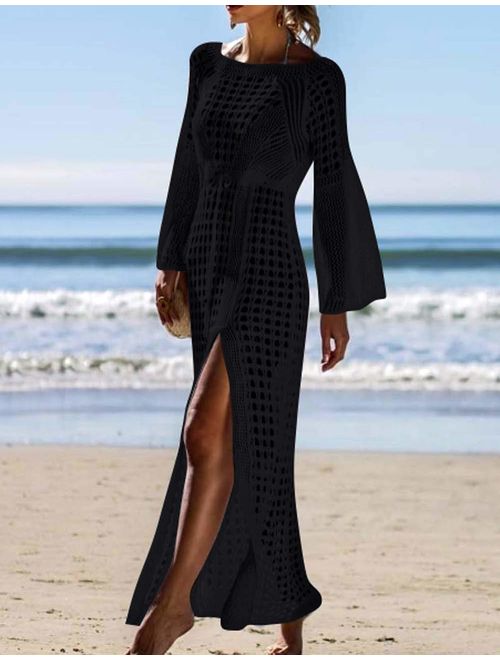 Bikini Dress Black Crochet Lantern Sleeve Women Sexy Long Beach Wears Swimsuit Cover ups for Women (one Size, 9991-1)