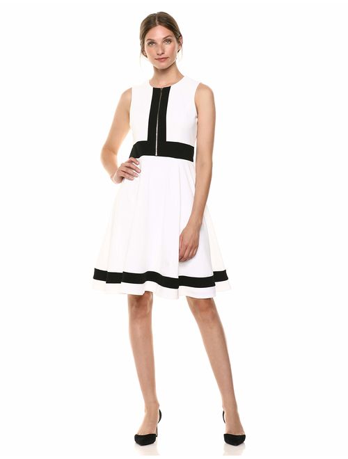 Calvin Klein Women's Sleeveless Color Block Fit and Flare with Front Zip Dress