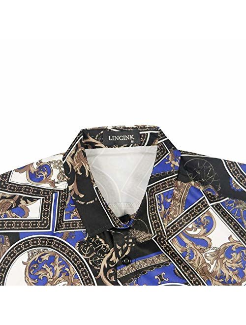 LINCINK Men's Floral Dress Shirt Slim Fit Casual Fashion Luxury Printed Shirt Short Sleeve Button Down Shirts