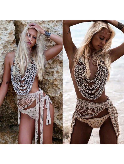 Dreshion Women's Beach Sarong Crochet Triangle/Rectangle Net Bikini Cover Ups Swimsuit Wrap Scarves Skirt with Shells Sequins