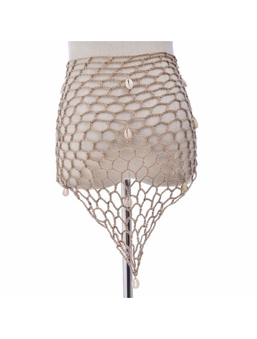 Dreshion Women's Beach Sarong Crochet Triangle/Rectangle Net Bikini Cover Ups Swimsuit Wrap Scarves Skirt with Shells Sequins