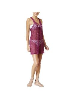 Miken Women's Lace-Up Crochet Swimsuit Cover-Up Dress (M, Magenta Purple)