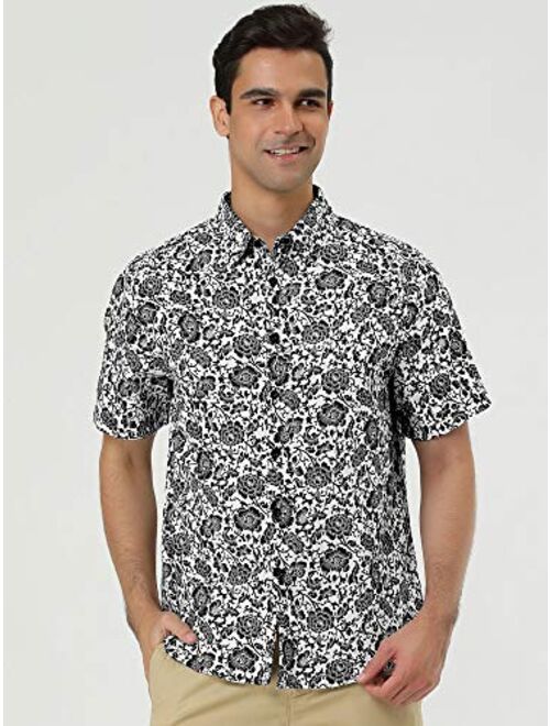 uxcell Men Short Sleeve Button Front Floral Print Cotton Beach Hawaiian Shirt