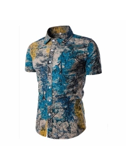 USEMPER Men's Flower Shirts Beach Tropical Hawaiian Shirt Print Button Down Linen Patch Casual Short Sleeve Holiday Shirts
