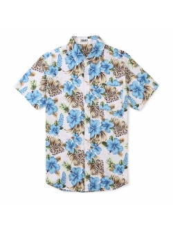 Men's Flamingos Floral Print Short Sleeve Button Down Hawaiian Shirt, Casual Beach Aloha Party Tops