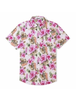 Men's Flamingos Floral Print Short Sleeve Button Down Hawaiian Shirt, Casual Beach Aloha Party Tops