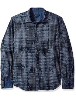 Men's Fitted Long Sleeve Point Collar Printed Cotton Shirt