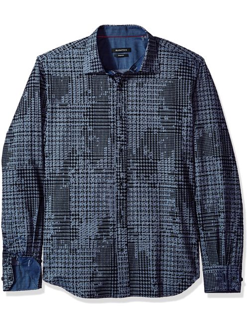 Bugatchi Men's Fitted Long Sleeve Point Collar Printed Cotton Shirt