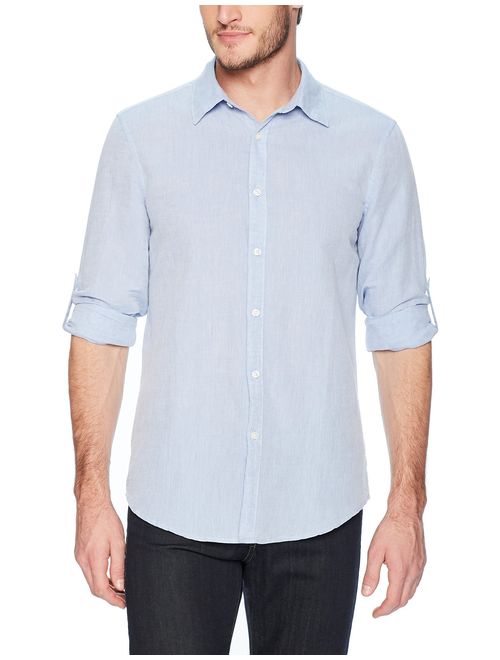 Perry Ellis Men's Slim Fit Solid Linen Cotton Roll Sleeve Shirt