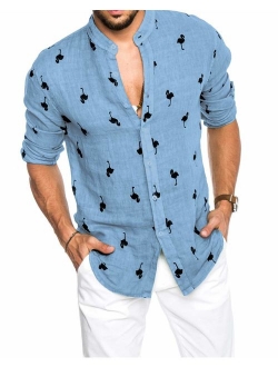 Bbalizko Mens Flamingo Shirts Linen Cotton Button Down Long Sleeve Casual Hawaiian Shirt