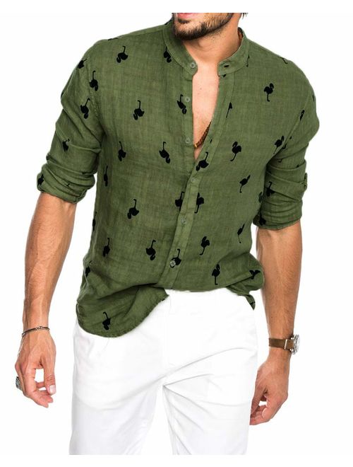Bbalizko Mens Flamingo Shirts Linen Cotton Button Down Long Sleeve Casual Hawaiian Shirt