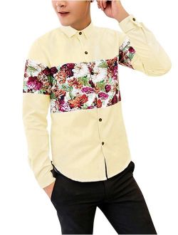 uxcell Men Floral Pattern Contrast Color Button Up Long Sleeves Shirt