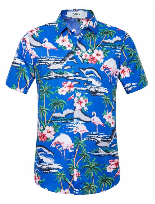 SIR7 Men's Hawaiian Flower Print Casual Button Down Short Sleeve Shirt