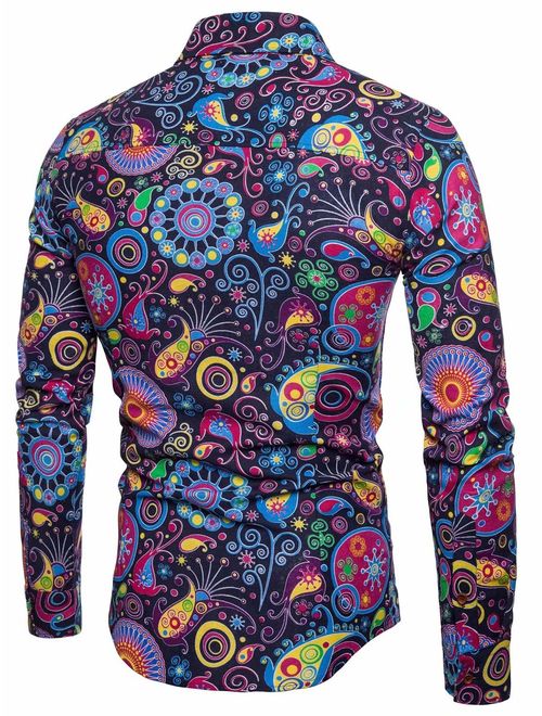 EMAOR Men's Button Front Slim Fit Long Sleeves Floral Print Shirt Tops, CS 56, US X-Large = Tag 6XL