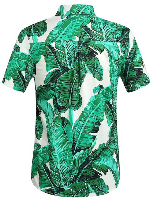SSLR Men's Banana Leaves Button Down Casual Short Sleeve Hawaiian Shirt