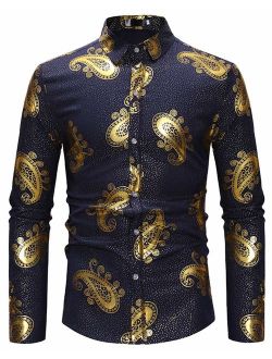 HOP Fashion Men's Luxury Gold Paisley Shirts Long Sleeve Slim Fit Button Down Dress Shirts for Wedding/Party/Night Club