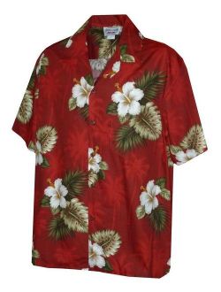 Pacific Legend Men's Hibiscus & Palm Hawaiian Shirt (3X, Red)