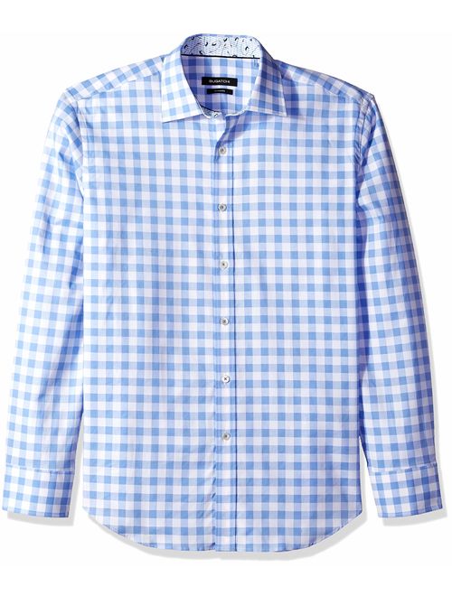 BUGATCHI Men's Fitted Long Sleeve Point Collar Checks Pattern Sport Shirt