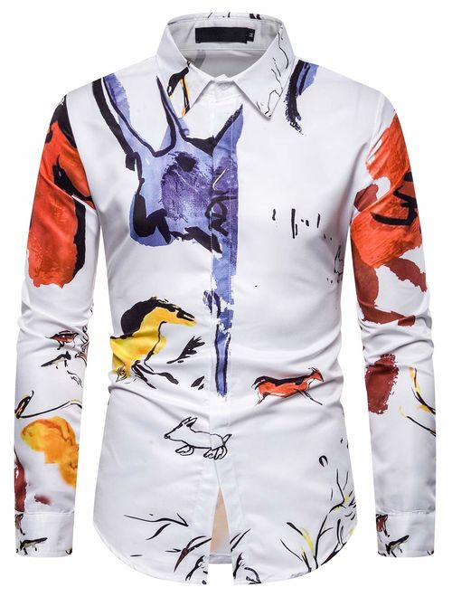ief.G.S Men's Fashion Luxury Shirt, Printed with Newspaper Rose Splash Long Sleeve Casual Button Dress Shirt