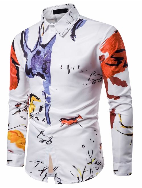 ief.G.S Men's Fashion Luxury Shirt, Printed with Newspaper Rose Splash Long Sleeve Casual Button Dress Shirt