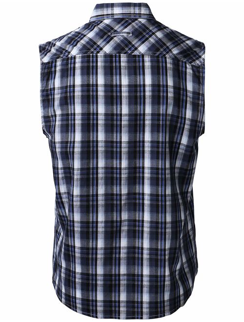 Mens Button Down Sleeveless Plaid Flannel Shirt Checkered Top