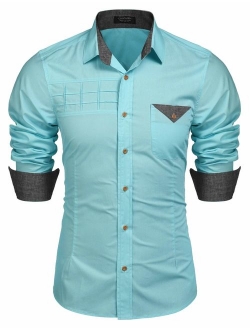 JINIDU Men's Dot Print Long Sleeve Button Down Shirt Contrast Color Casual Slim Fit Dress Shirts