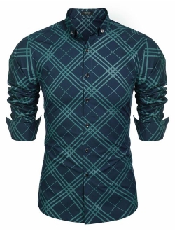 JINIDU Men's Dot Print Long Sleeve Button Down Shirt Contrast Color Casual Slim Fit Dress Shirts