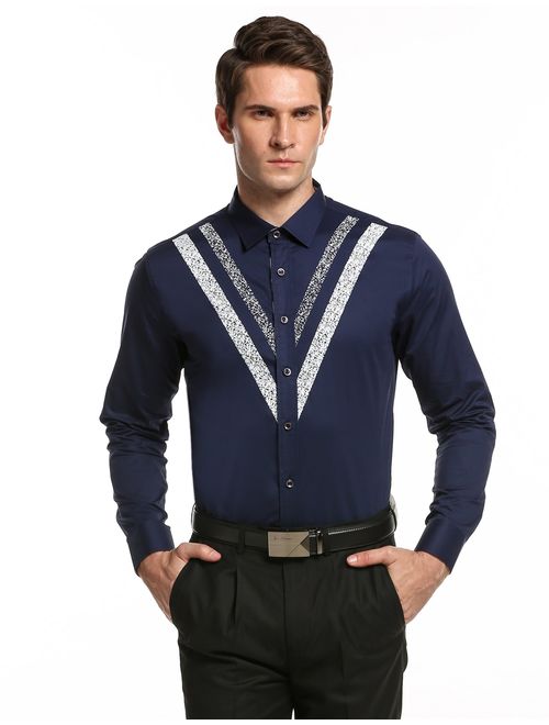 COOFANDY Men's Slim Fit Dress Shirt Inner Contrast Stripe Print Casual Button Down Shirts