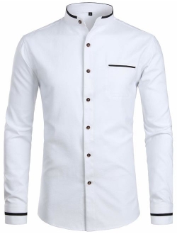 Mens Hipster Mandarin Collar Slim Fit Long Sleeve Casual Button Down Oxford Dress Shirt with Pocket