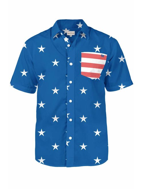 Tipsy Elves Men's American Flag Shirt - Blue USA Patriotic Button Down Hawaiian Shirt for Guys