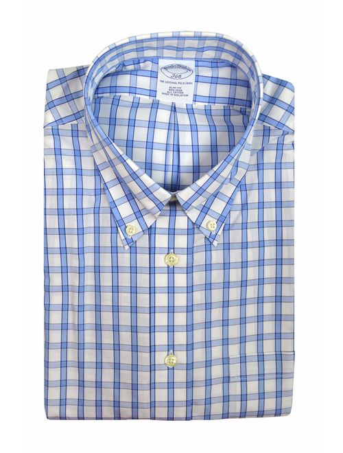 Brooks Brothers Mens 346 Slim Fit 47549 All Cotton The Original Polo Button Down Shirt White Blue Plaid