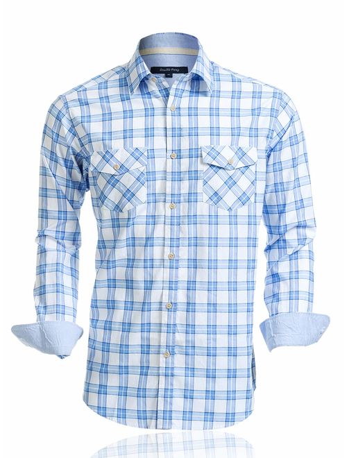 Double Pump Mens Shirts Long Sleeve Casual with Two Front Pockets Regular Fit Plaid Button Up Shirts for Men