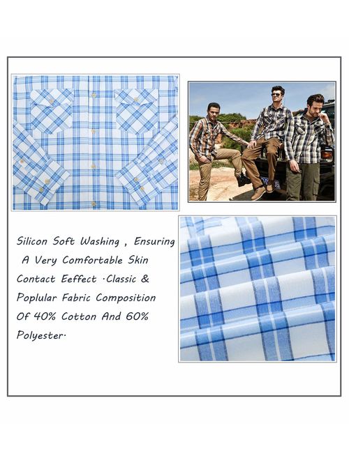 Double Pump Mens Shirts Long Sleeve Casual with Two Front Pockets Regular Fit Plaid Button Up Shirts for Men